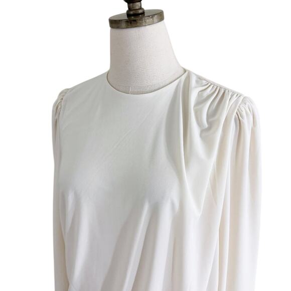 Express Cream Long Sleeve Blouson Bodysuit Size Medium Draped Detail Crew Neck - Picture 3 of 8